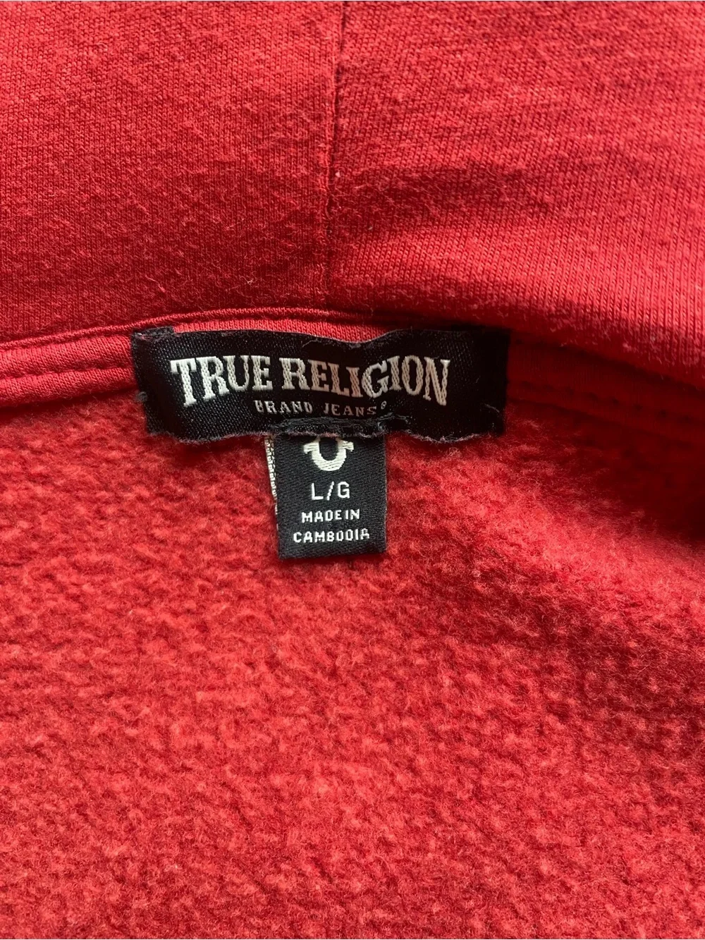 True Religion Red Zip Up Hoodie Logo Tape Sleeves Men’s Size Large L Streetwear